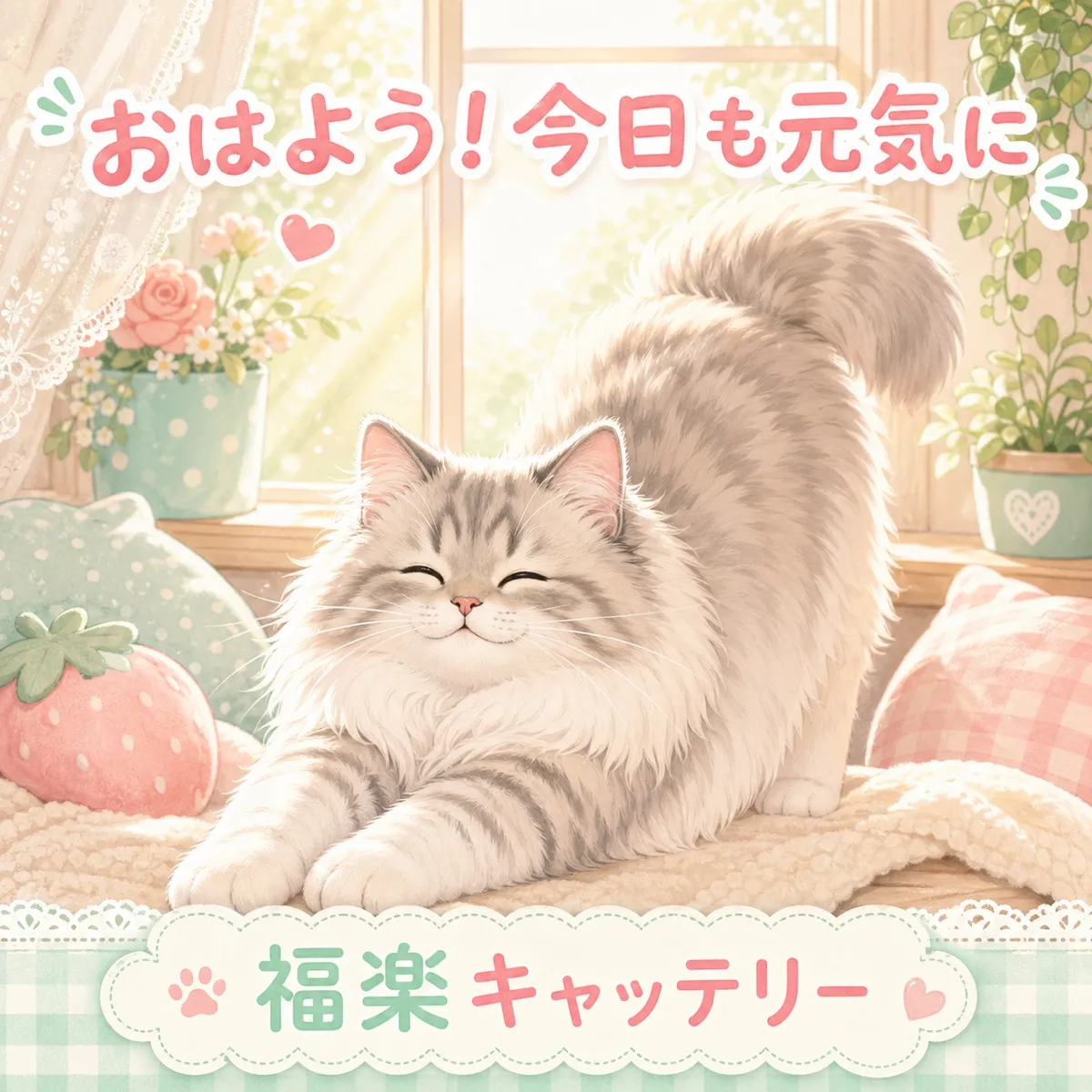 朝、伸びをするサイベリアン子猫の癒し系イラスト