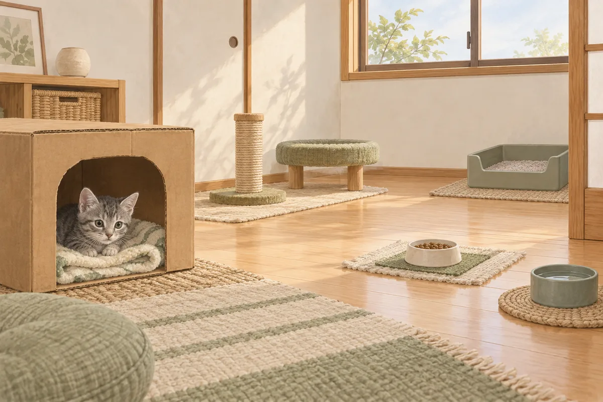 猫の生活用品を分けて配置した静かな部屋のAIイメージ