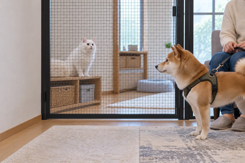 閉じた仕切り越しに、犬はリードで管理する（AIイメージ）
