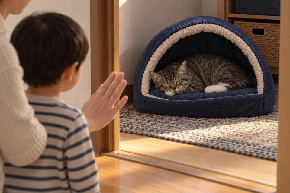 家族で、休んでいる猫をそっとしておく（AIイメージ）